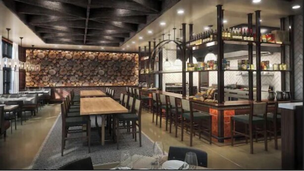A restaurant with a long wooden table, chairs, and a wall of stacked logs. - The Lawrence Hotel Lawrenceville, Tapestry Collection Hilton (Lawrenceville)