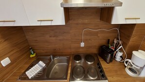 A kitchen with a stainless steel range hood, a sink with a dish rack, a stovetop, and a coffee maker. - Studio Rainer mit Pool und Sauna (Freyung)