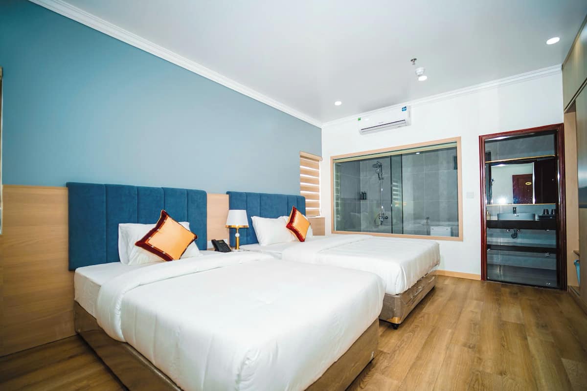 Een hotelkamer met twee bedden, een groot raam, een spiegel en een inloopdouche.