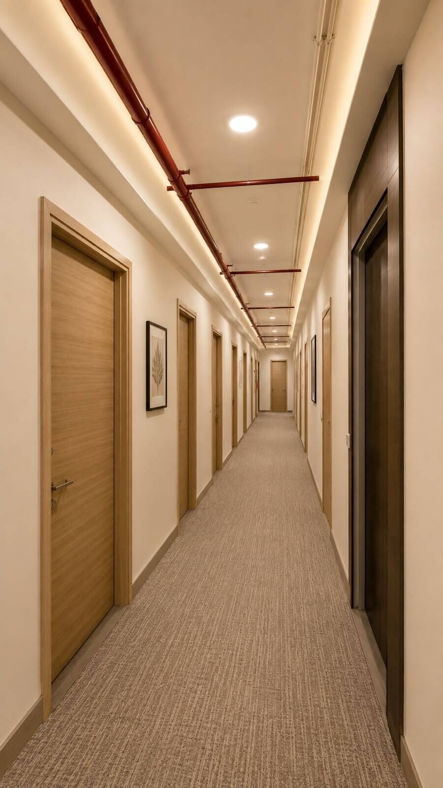 A hotel corridor with doors on both sides, carpeted flooring, and recessed lighting.