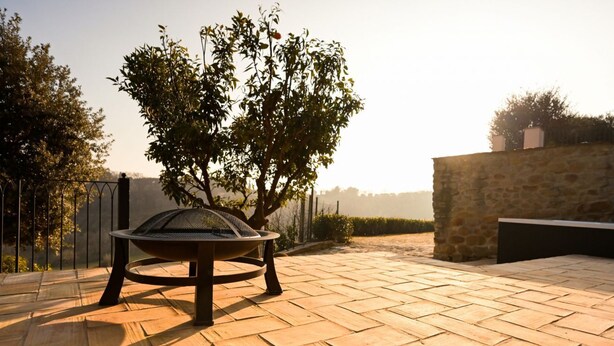 Un patio con un brasero, un muro de piedra y un árbol.