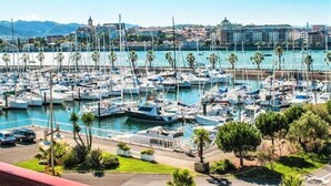 Un puerto deportivo con numerosas embarcaciones amarradas, un paisaje urbano al fondo y cielo despejado.