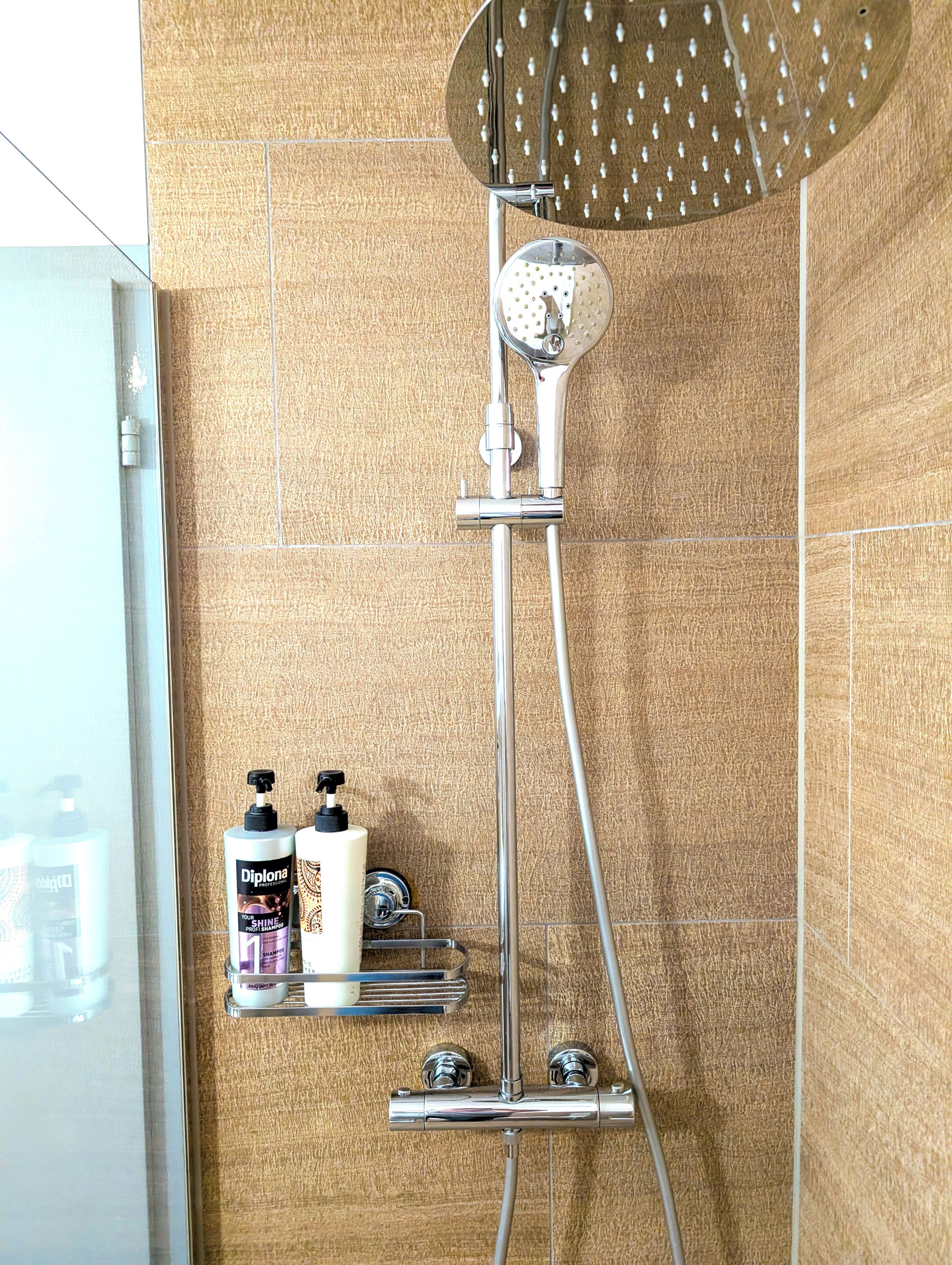 Eine Dusche mit Handbrause, einer fest installierten Armatur und einem Ablagebereich für Toilettenartikel.