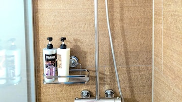 Eine Dusche mit Handbrause, einer fest installierten Armatur und einem Ablagebereich für Toilettenartikel.