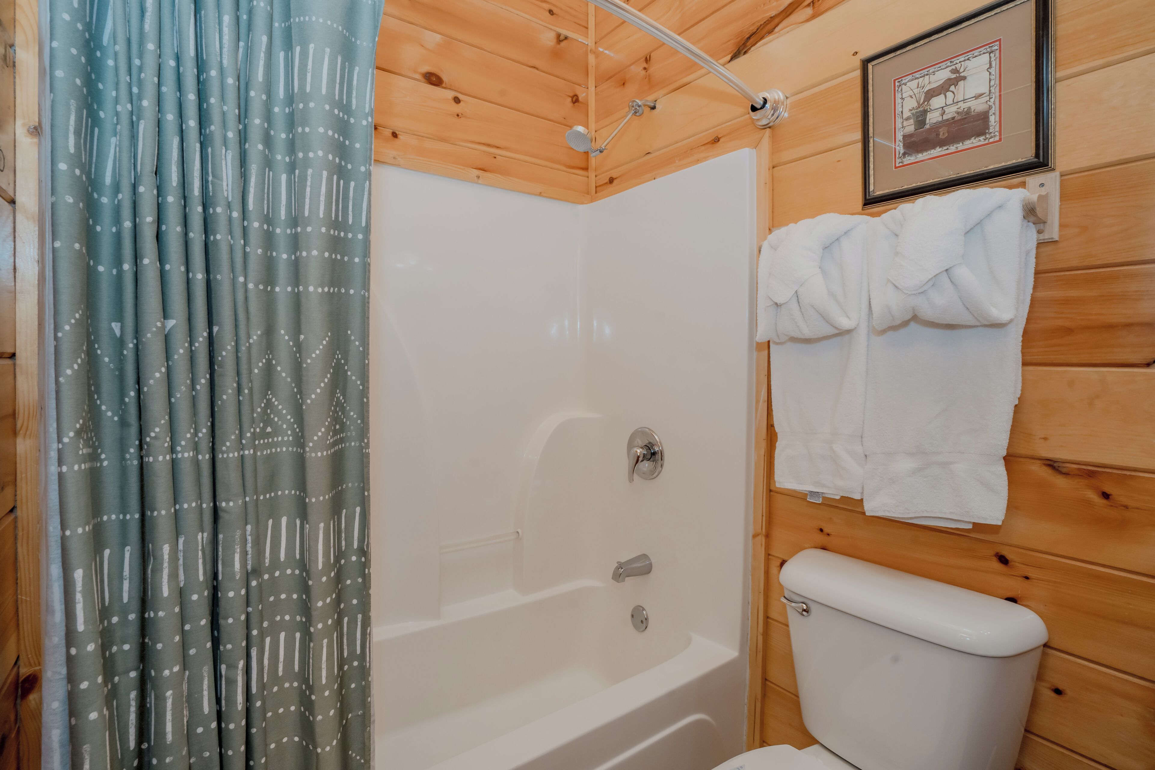 A wooden cabin bathroom with a shower, toilet, and a framed picture on the wall.