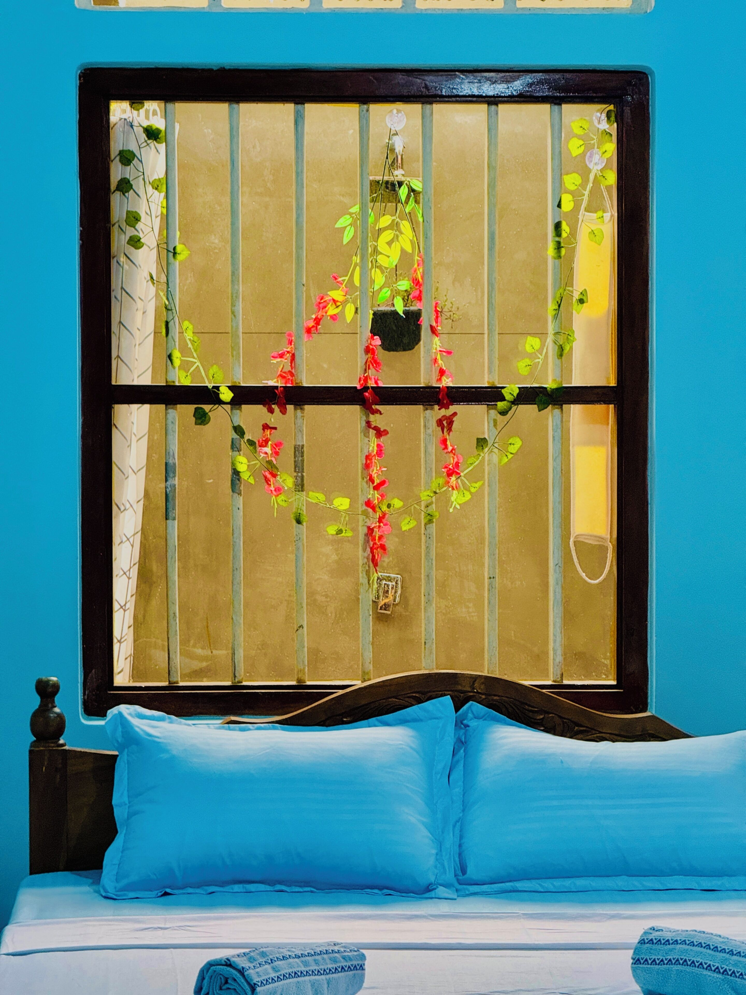 Un lit avec une literie bleue, une fenêtre avec des stores verticaux et une plante suspendue aux fleurs rouges.