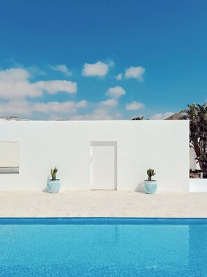 A pool with a white wall and door, two potted plants, and a clear blue sky. - LAS NEGRAS OLIVENCIA NATURAL (Las Negras)