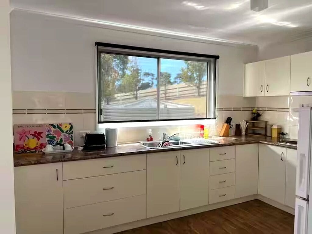 Fridge, microwave, toaster, cookware/dishes/utensils