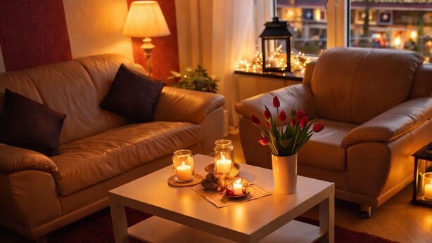 Una sala acogedora con un sofá, una mesa de centro con velas y un jarrón con flores.