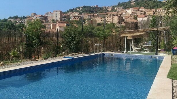 A rectangular swimming pool with a tiled edge, surrounded by a concrete deck and a grassy area.