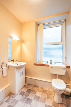 A bathroom with a toilet, sink, mirror, and window. - Beautiful apartment for 8 guests with WIFI, TV, patio and panoramic view (Dingwall)