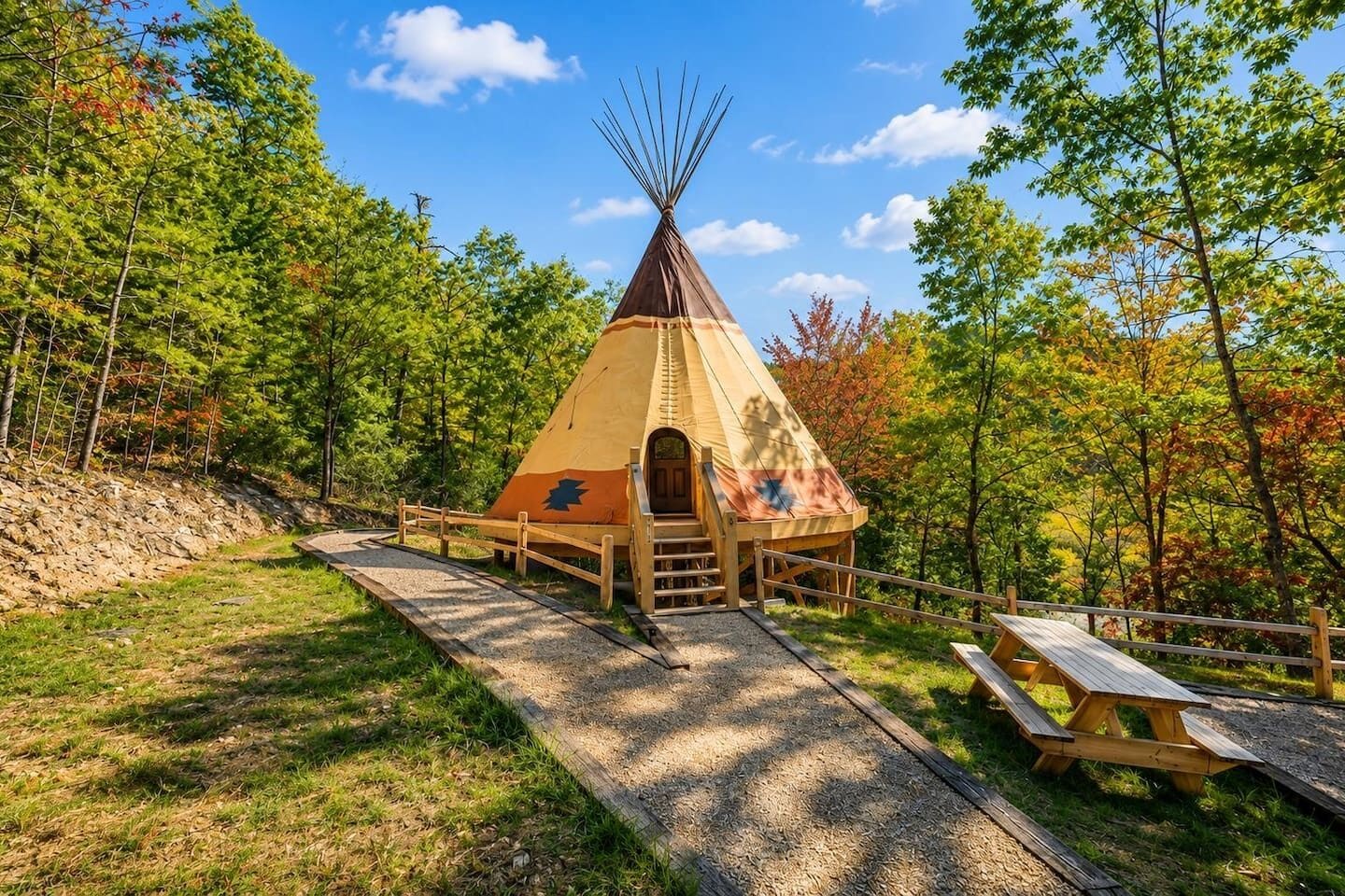 A teepee-style structure with a wooden ramp leading to the entrance, surrounded by a forested area.