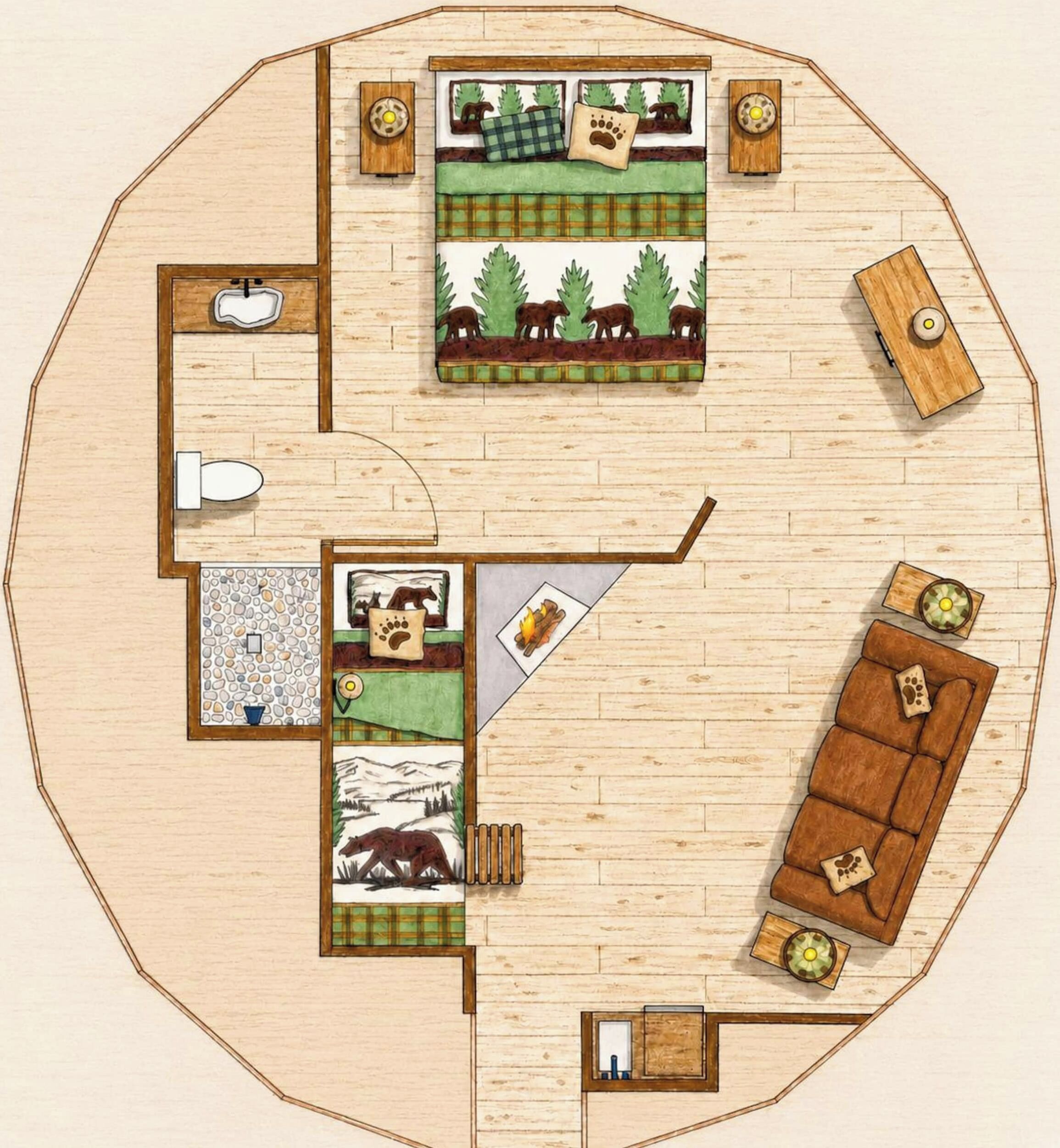 Un plan d’étage d’une cabane comprenant une chambre, une salle de bain et un petit coin cuisine.