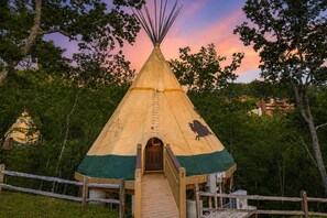 A teepee with a wooden entrance and a number '212' on the side.