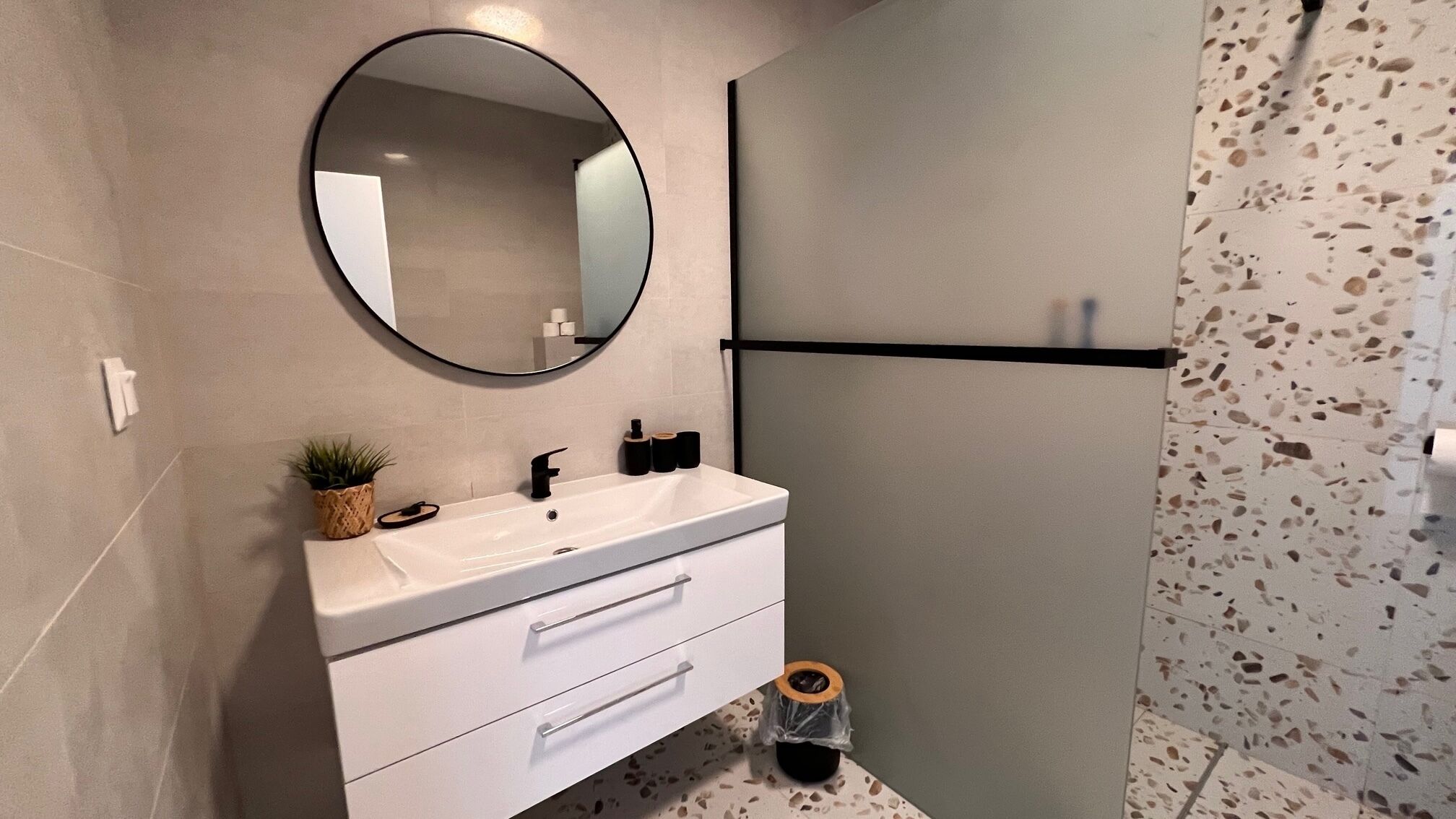 Hair dryer, towels, toilet paper