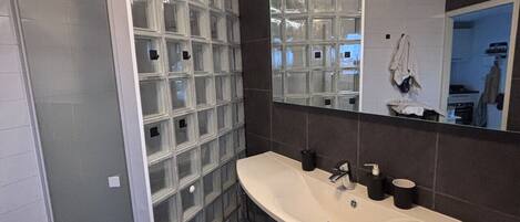 Une salle de bain moderne dotée d’un grand miroir, d’un meuble-lavabo et d’un espace de rangement intégré comprenant plusieurs compartiments.
