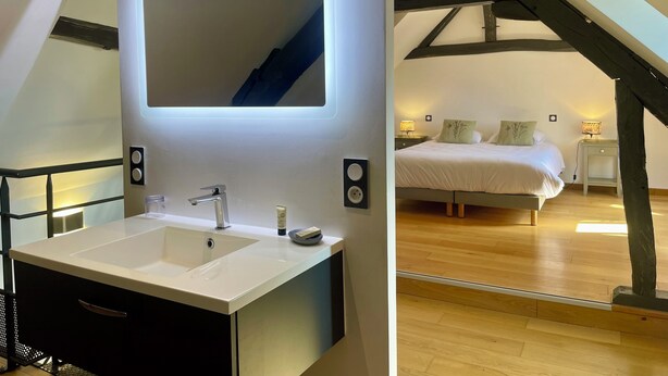 A modern bathroom with a large mirror, a sink, and a shower area. - Appartement du Châtel (Provins)