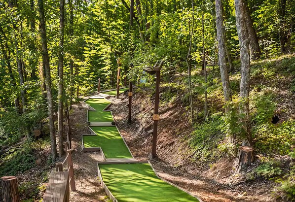 A forested area with a series of green pathways leading through the trees.