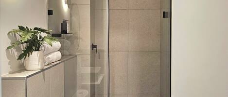 A modern bathroom with a glass-enclosed shower, a toilet, a sink, and a potted plant.