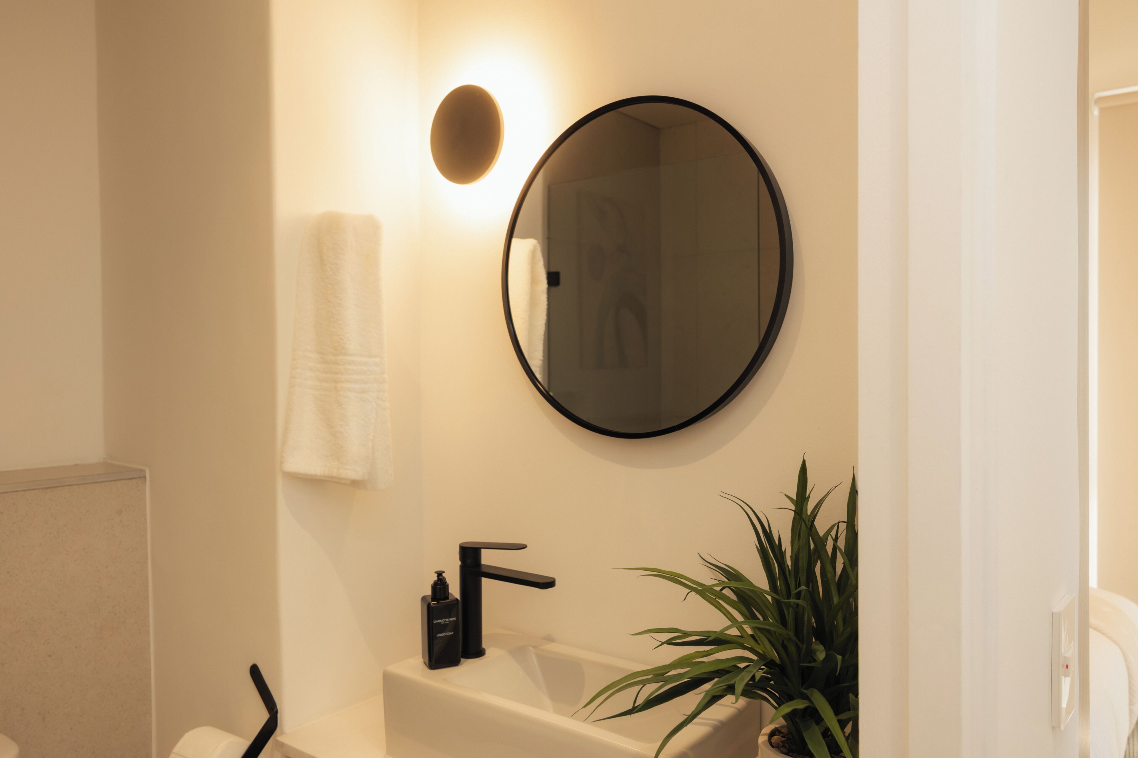 A bathroom with a round mirror, a sink, a towel, a soap dispenser, and a potted plant.