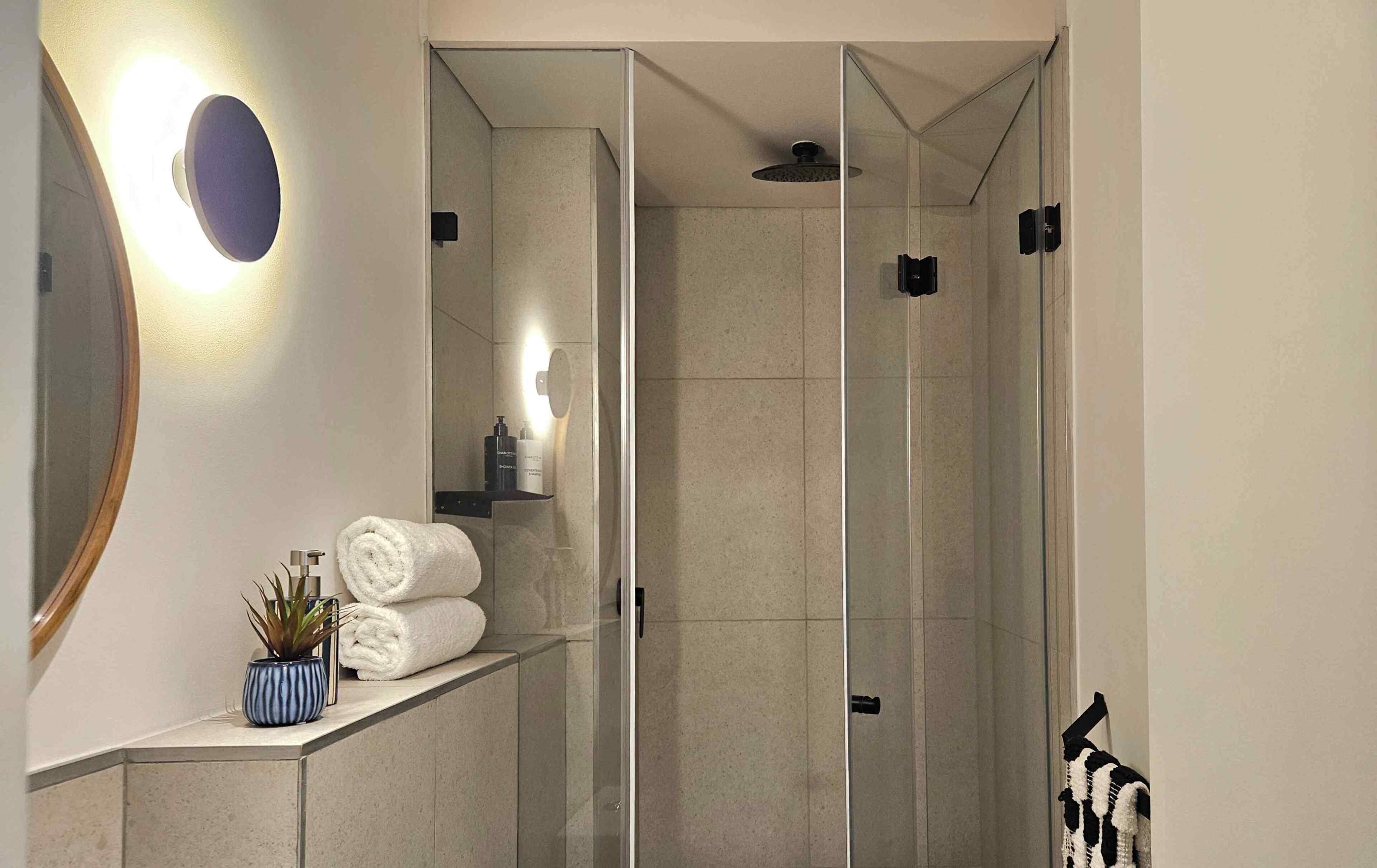 Hair dryer, towels, soap, shampoo