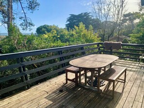 A wooden deck with a round table and benches, surrounded by a black railing. - 1st line to the Mimbeau lagoon in Cap Ferret A0340 (Lège-Cap-Ferret)