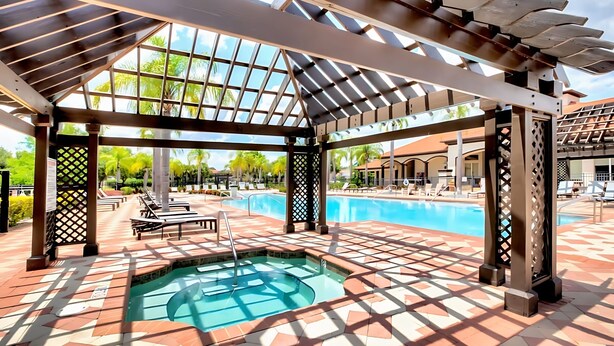 A covered outdoor pool area with a hot tub, lounge chairs, and a pergola structure. - Upstay Lakefront Home w Pool Cinema Games BBQ (Kissimmee)