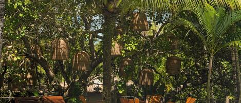 A pool area with a person sitting by the pool, surrounded by palm trees and wooden furniture.