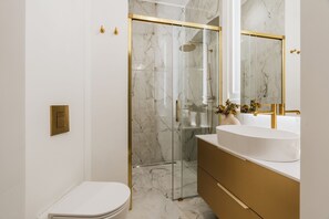 Regadera, secadora de cabello, toallas, papel de baño 