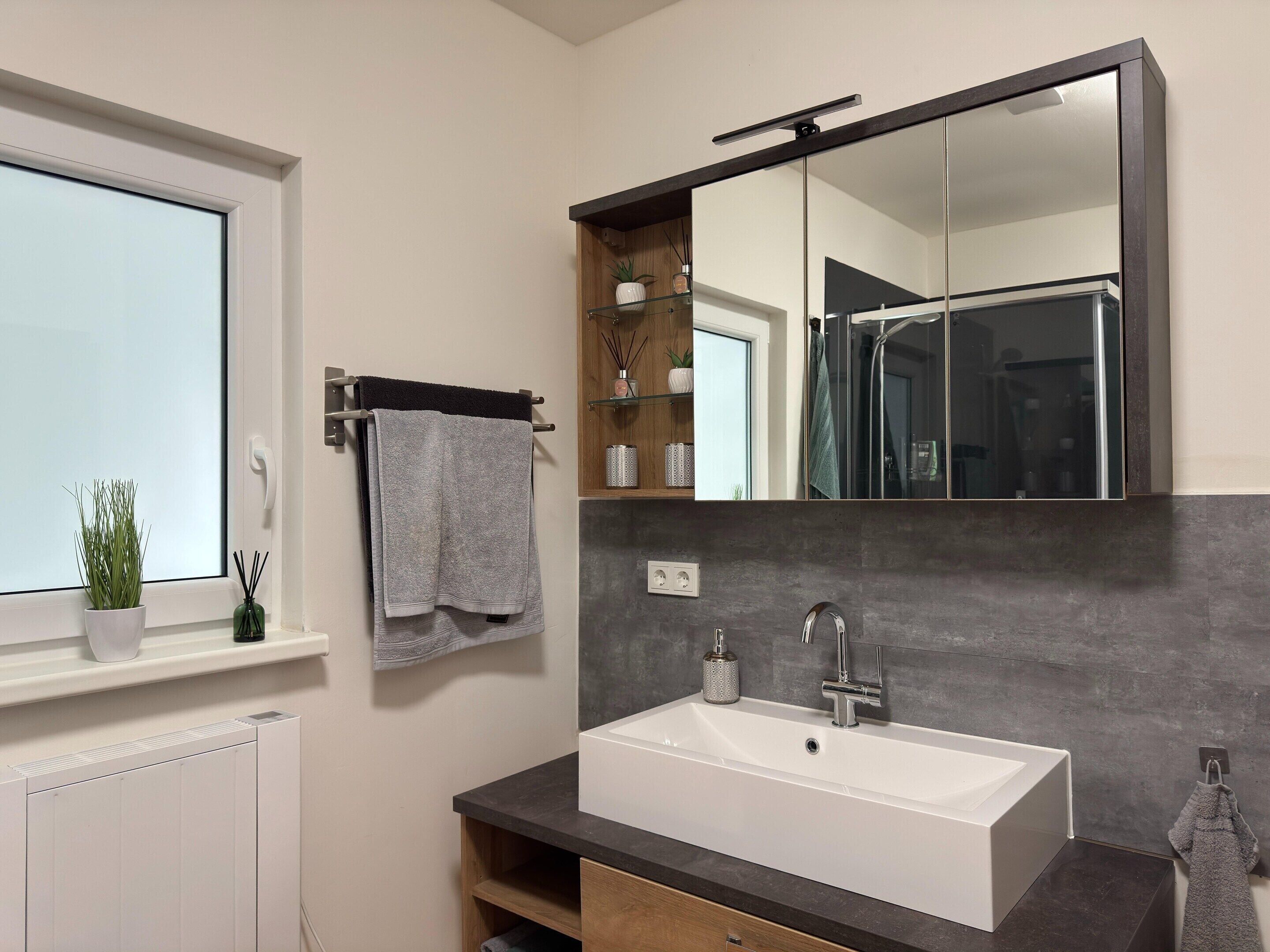 A bathroom with a white sink, dark countertop, and a large mirror.