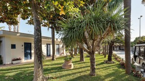 A well-maintained garden with palm trees, a stone planter, and a building with a beige facade and dark doors. - Marina Living Rooms – Economy Double Room with Shared Pool, Wi-Fi and Air Conditioning (Laura)