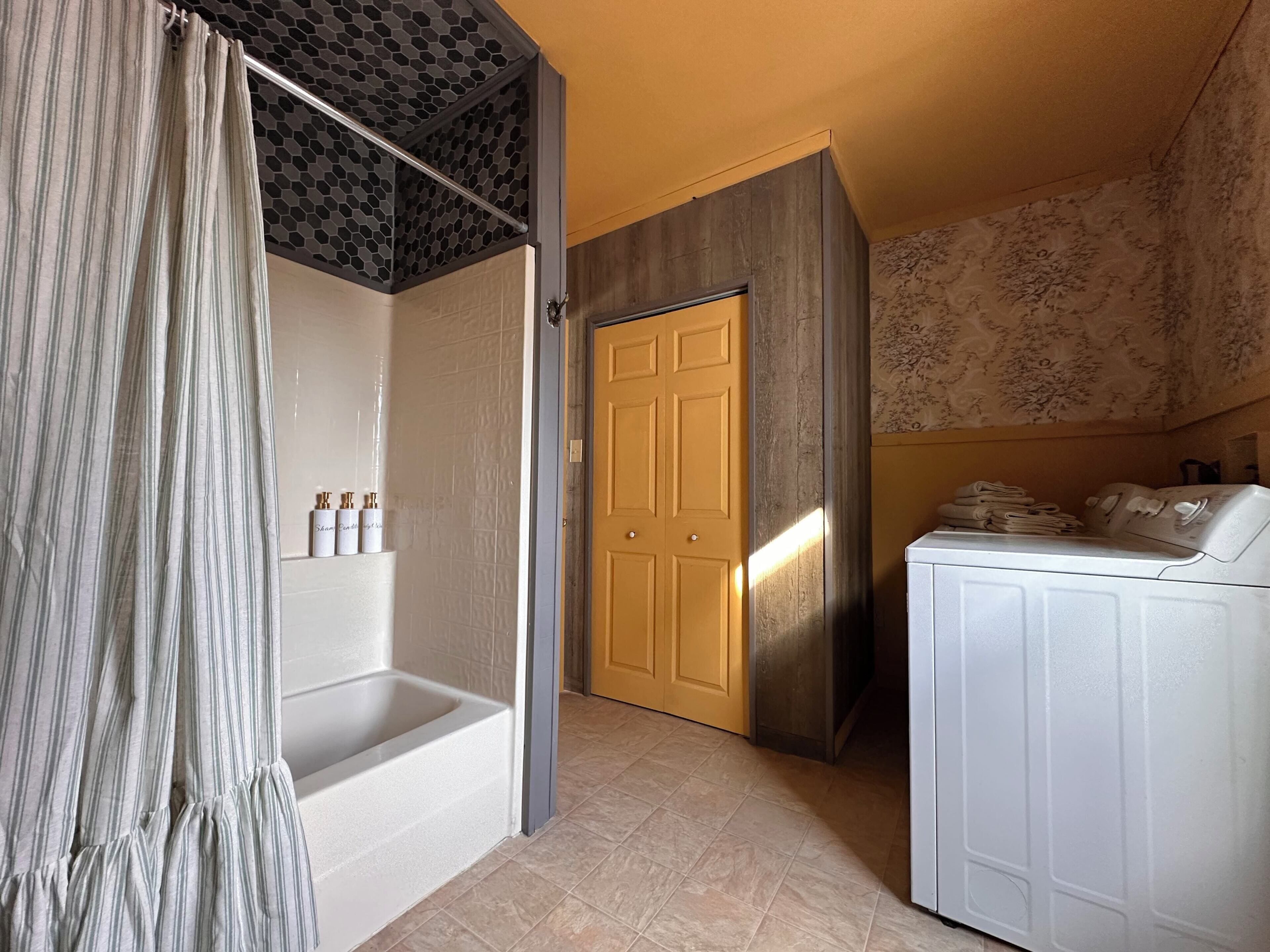 Hair dryer, towels, soap, shampoo