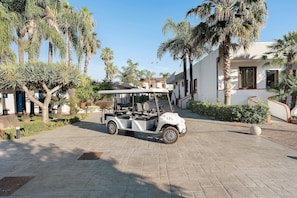Un carrito de golf estacionado en un área pavimentada con palmeras y un edificio al fondo.