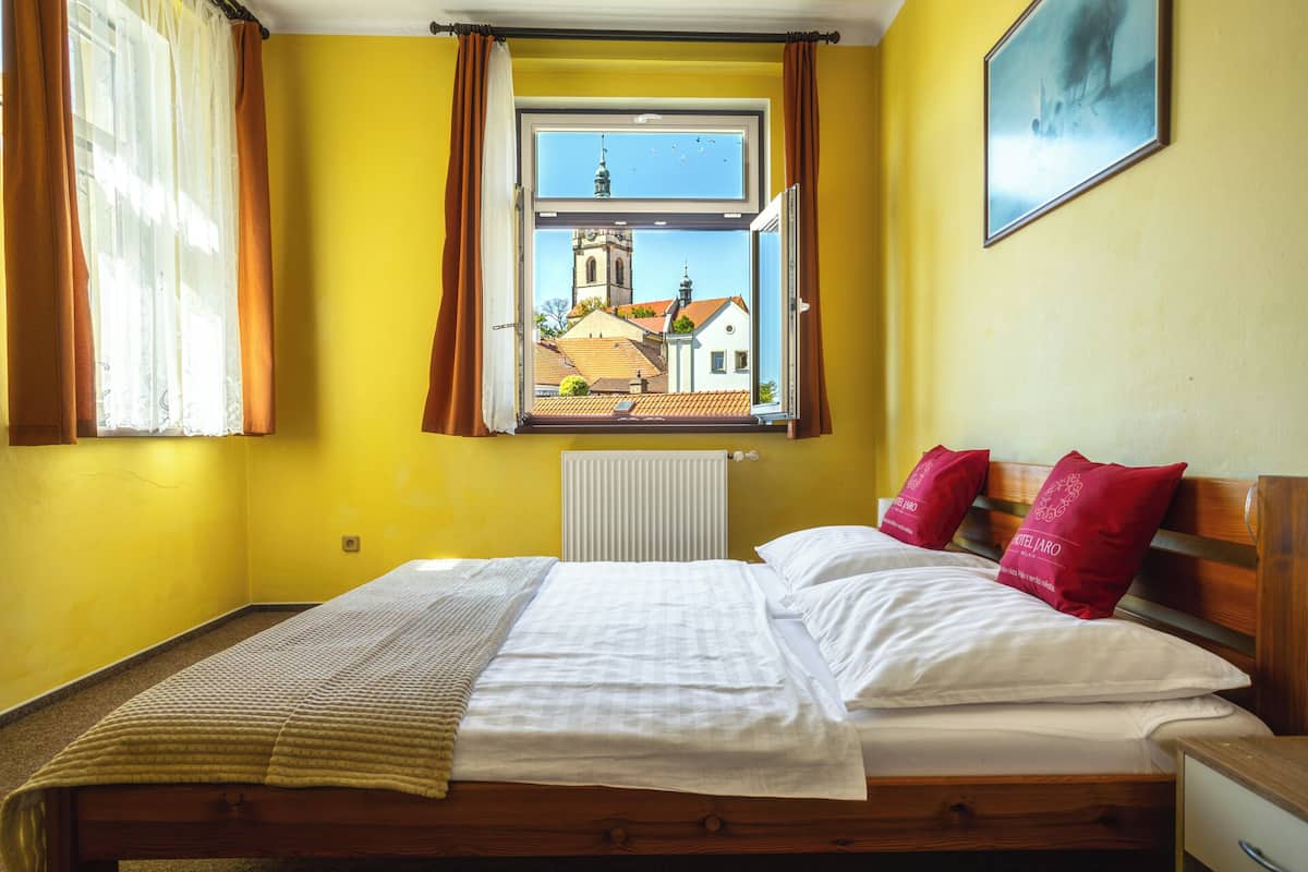 Ein Zimmer mit einem Bett, einem Fenster mit Blick auf Gebäude und einer Heizung.