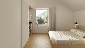 A bedroom with a wooden floor, a bed, a window with curtains, a hanging light, and a wardrobe. - NOOK - Nature Hideaway (Bad Aussee)