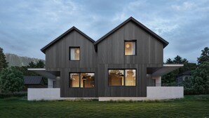 A modern two-story house with a flat roof, large windows, and a well-maintained lawn. - NOOK - Nature Hideaway (Bad Aussee)