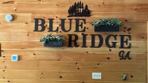 Pared de madera con el texto 'BLUE RIDGE' y elementos decorativos, incluyendo una silueta de árboles y dos plantas en macetas.