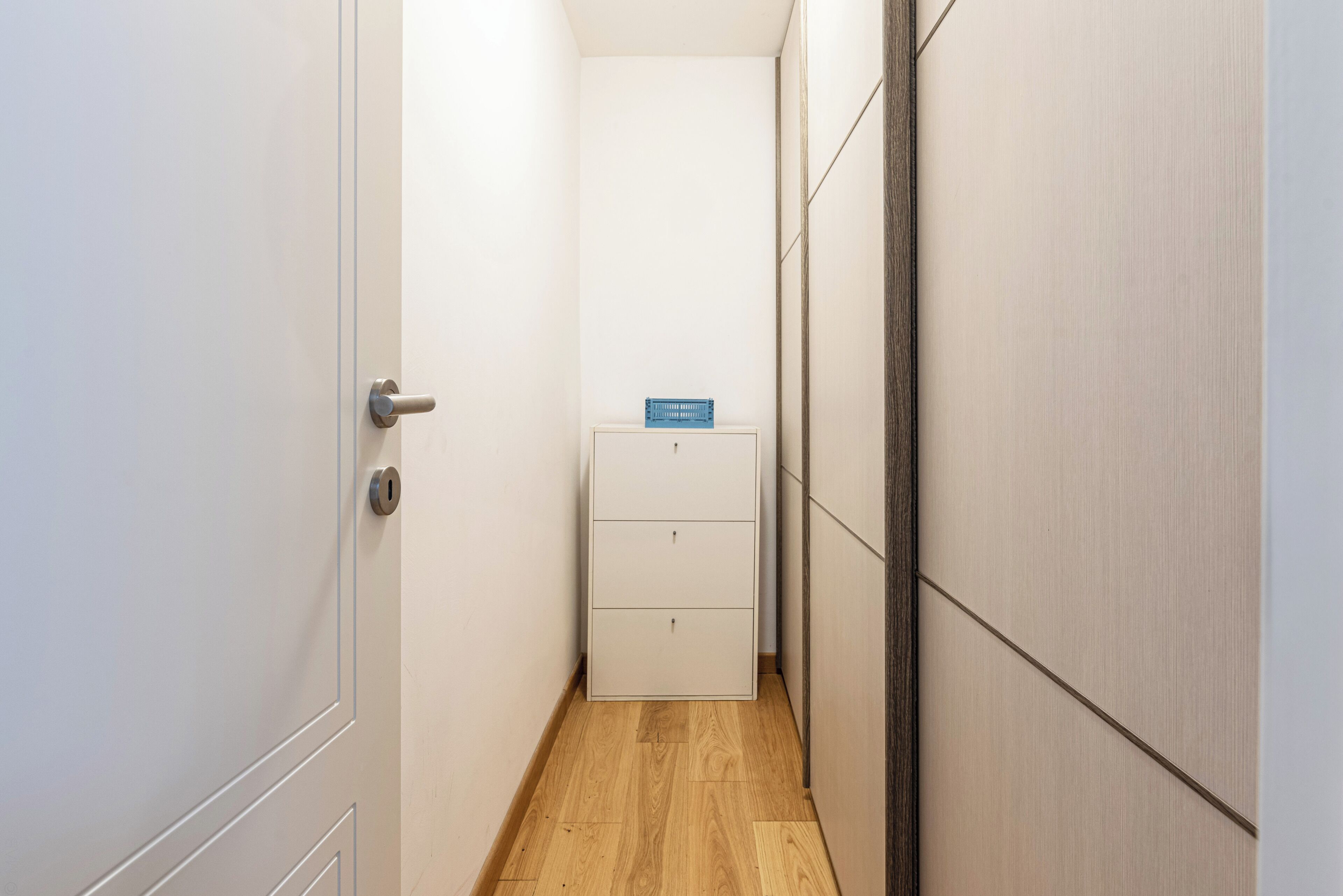 A narrow hallway with a wooden floor, a white door, and a white cabinet with drawers.