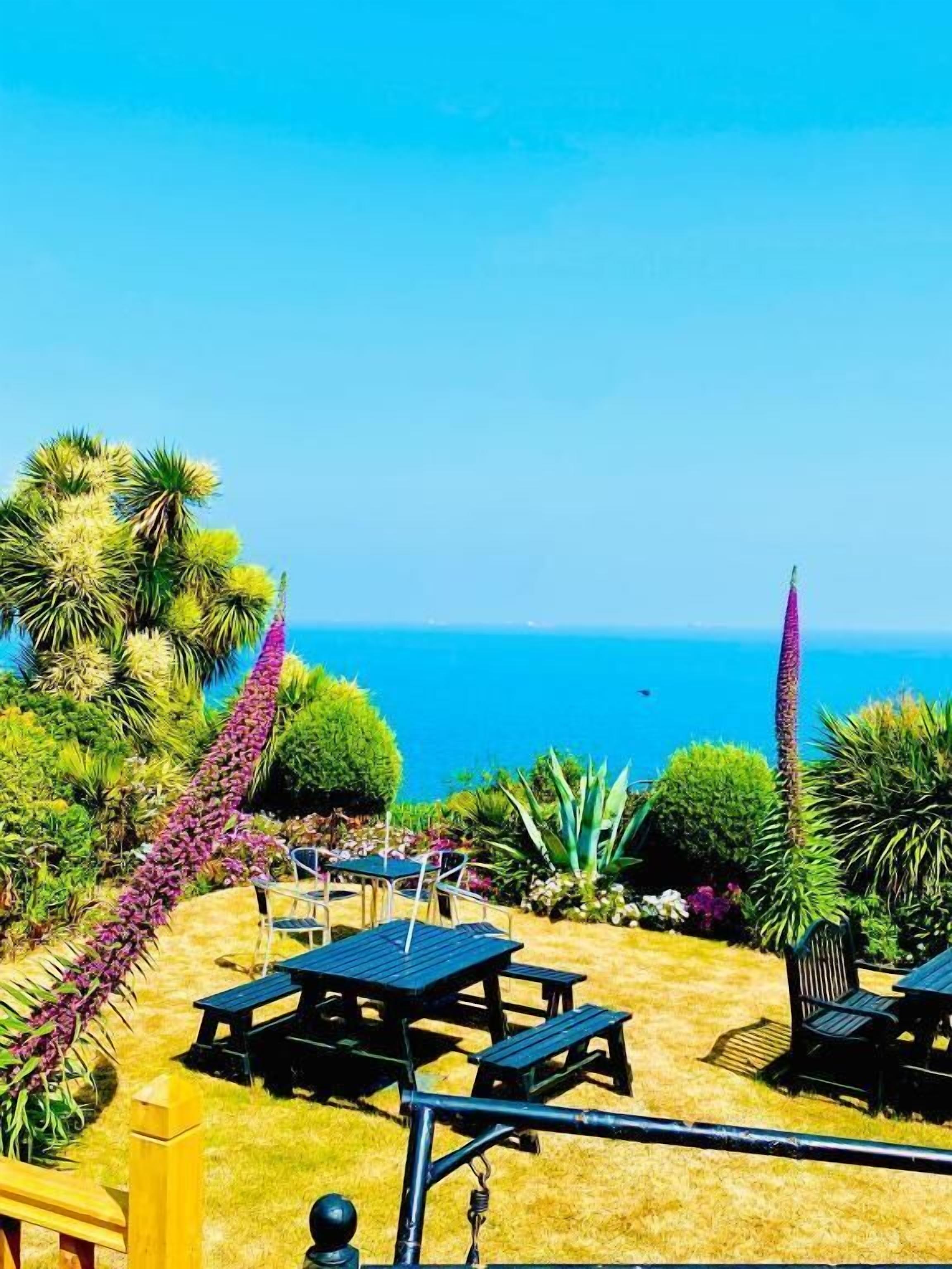 A patio area with tables and chairs, surrounded by greenery and overlooking a body of water.