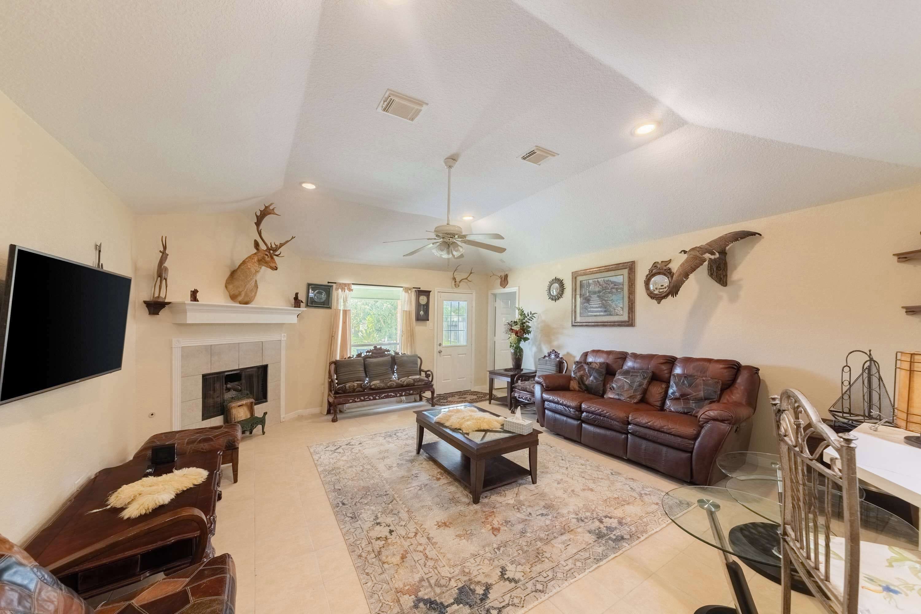 TV, fireplace, books, offices