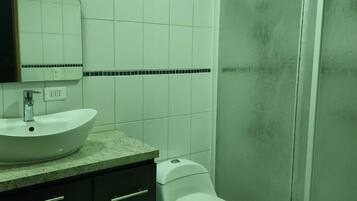 Shower, hair dryer, towels