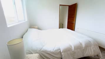 A bedroom with a bed, a bedside lamp, a wooden door, and a window.