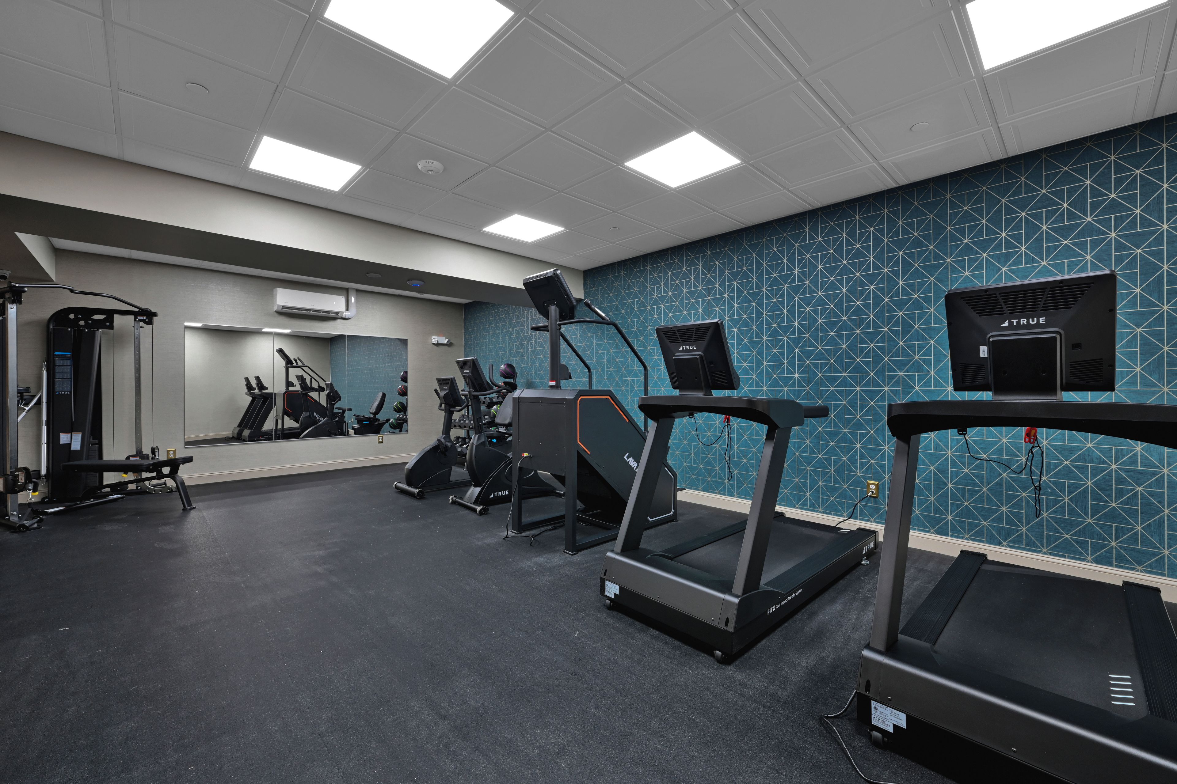 Una palestra con tapis roulant, macchinari ellittici e attrezzature per l'allenamento con i pesi.
