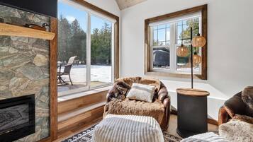 Smart TV, fireplace, books