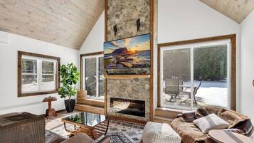Smart TV, fireplace, books