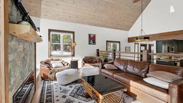 Smart TV, fireplace, books