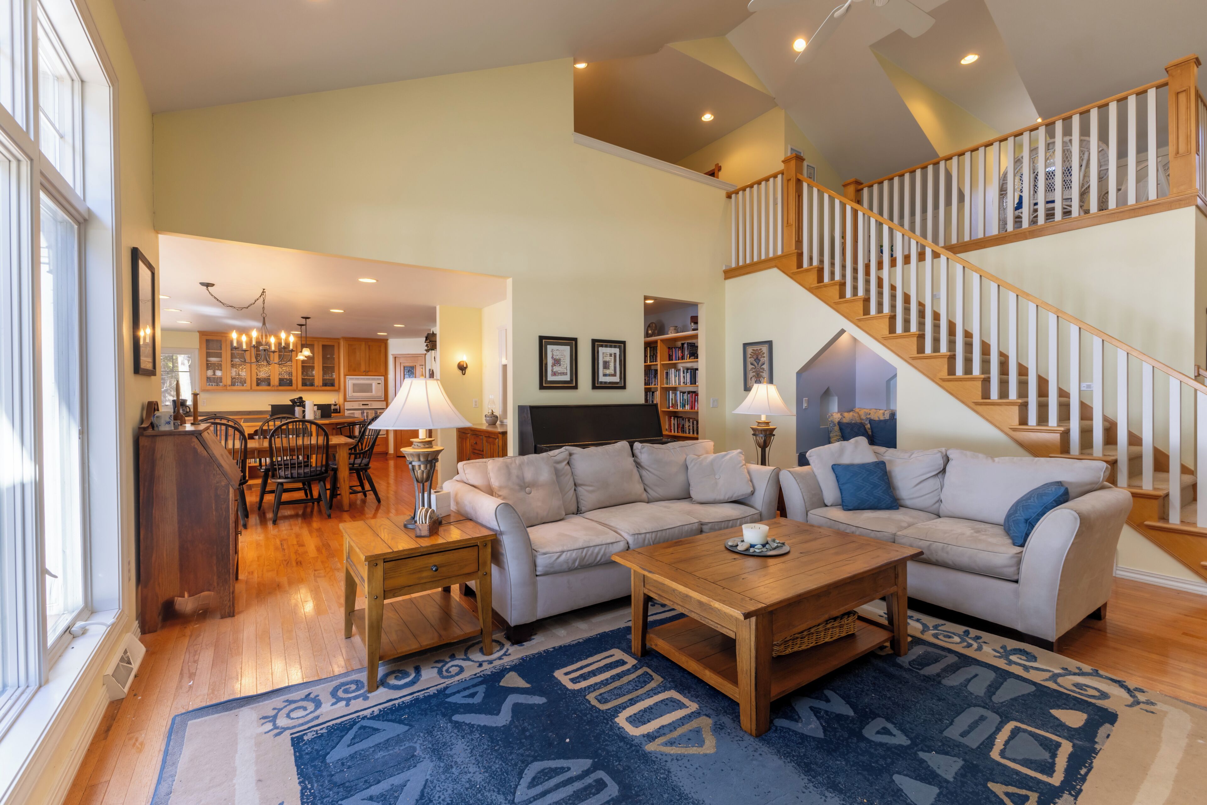 Smart TV, fireplace, books, music library