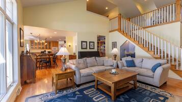 Smart TV, fireplace, books, music library
