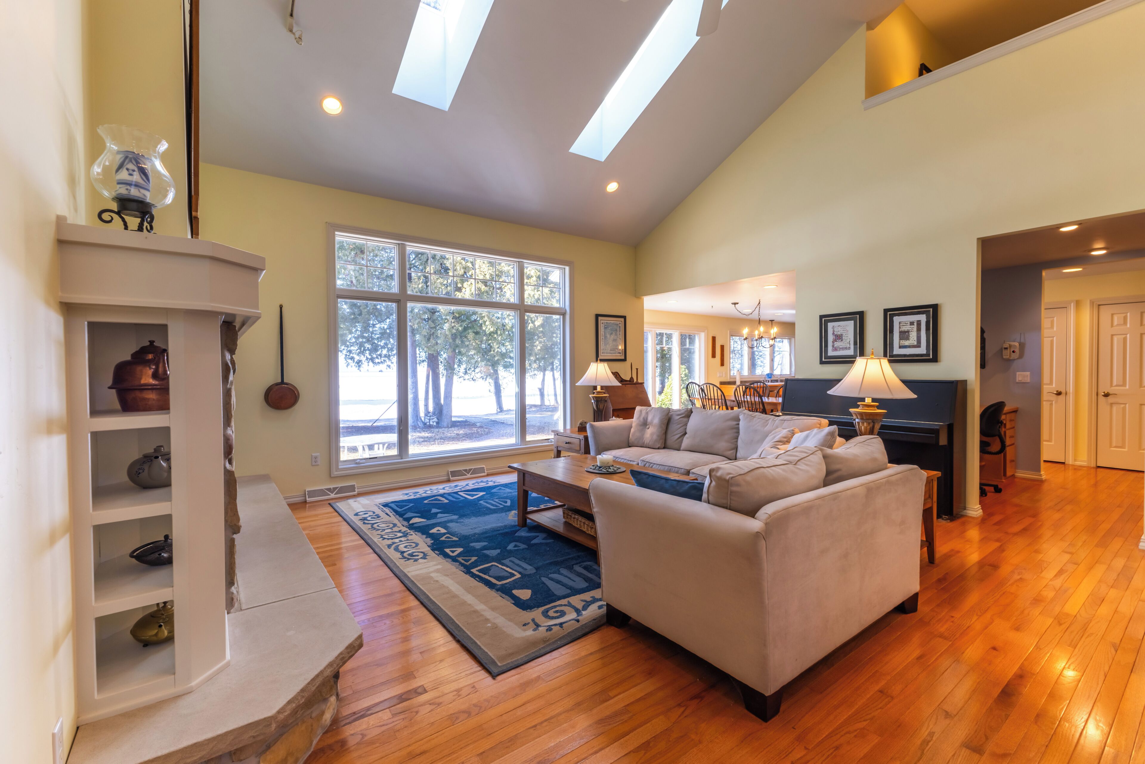 Smart TV, fireplace, books, music library