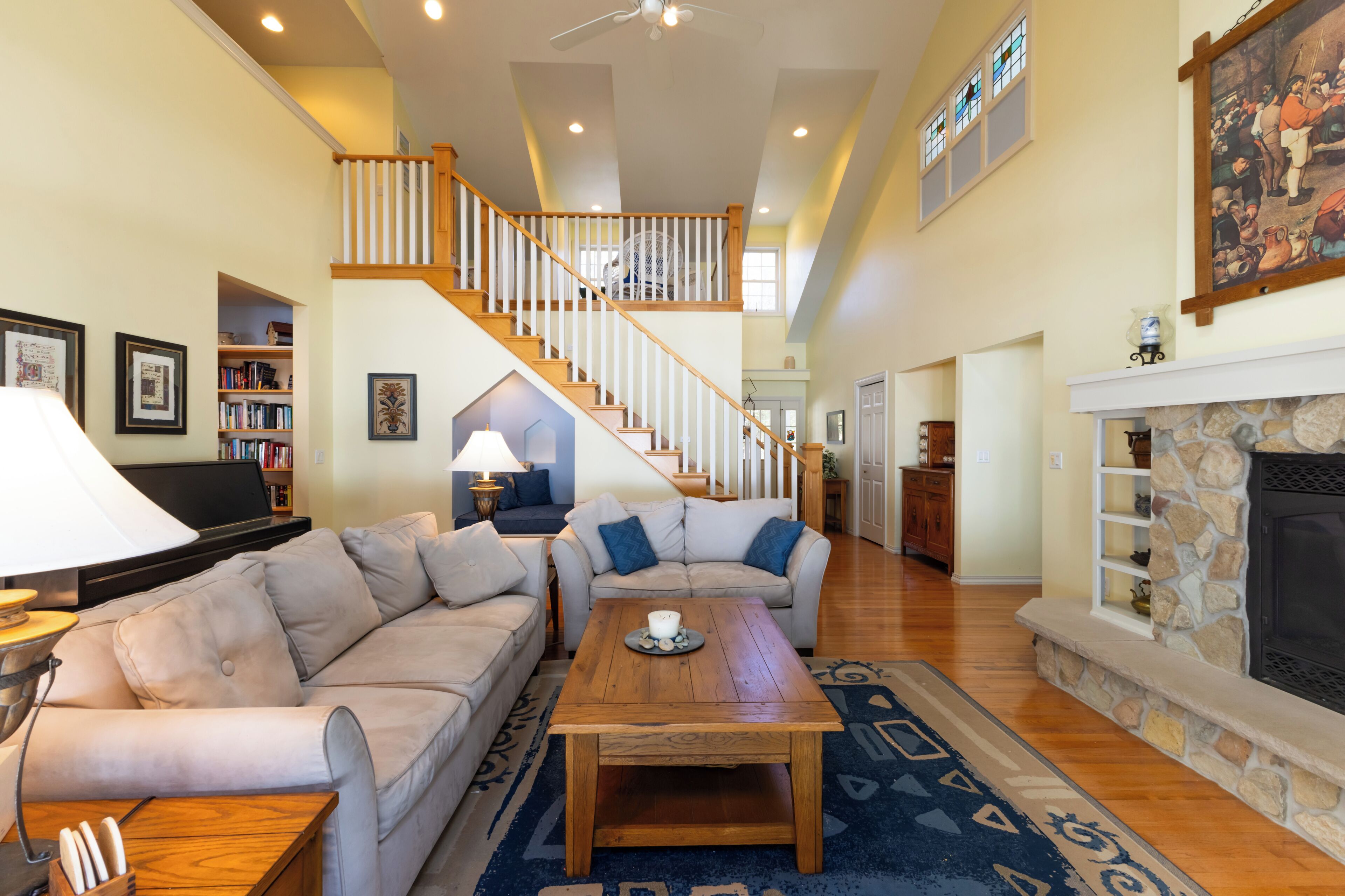Smart TV, fireplace, books, music library